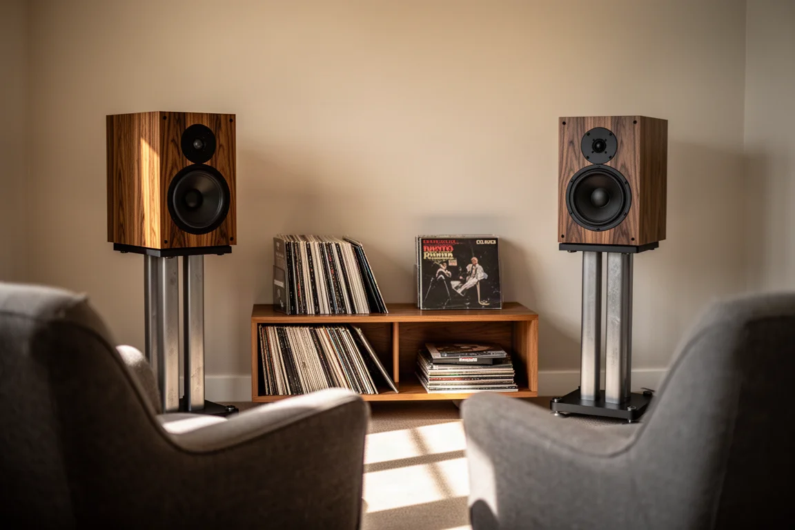 Minimalistische woonkamer bij schemer met speakers, versterker, platenspeler en vinylplaten