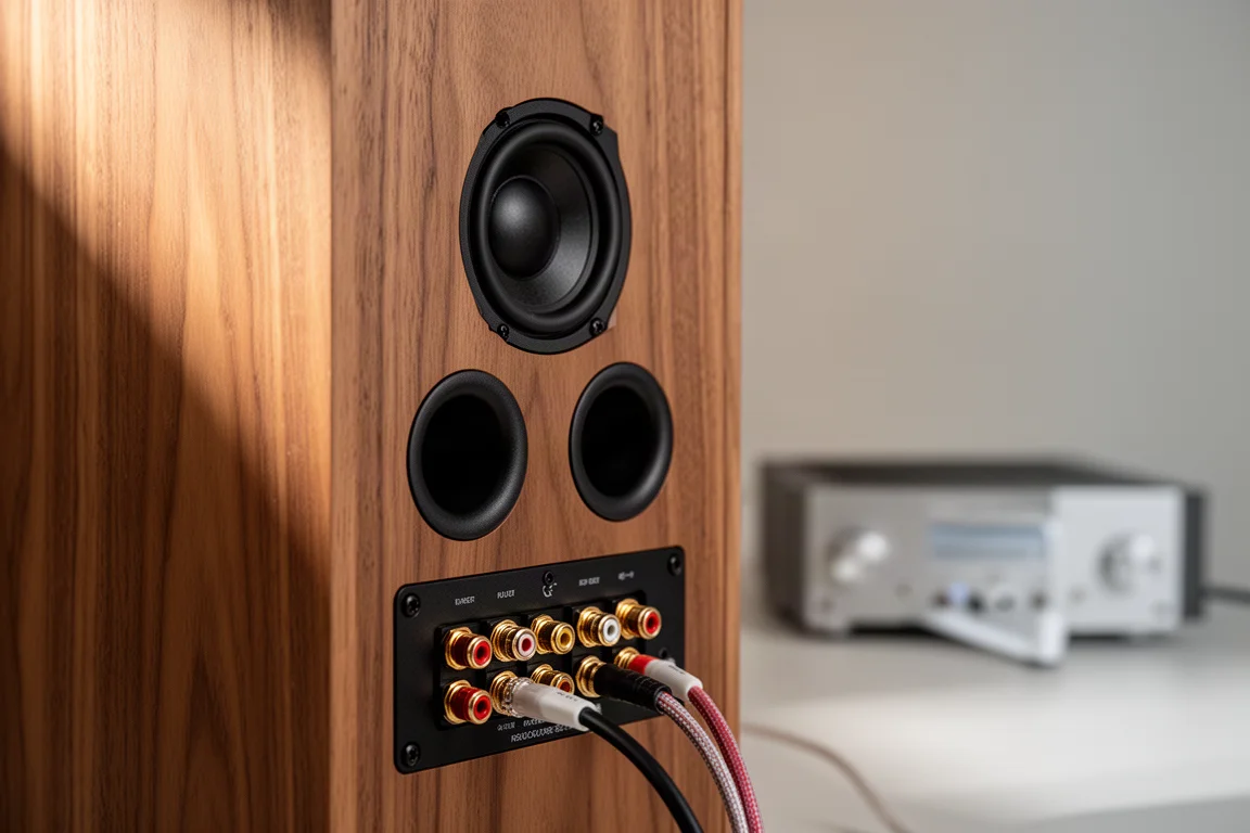 Donkere stoffen speakerroosters tegen een walnoten speakerkast op een houten vloer