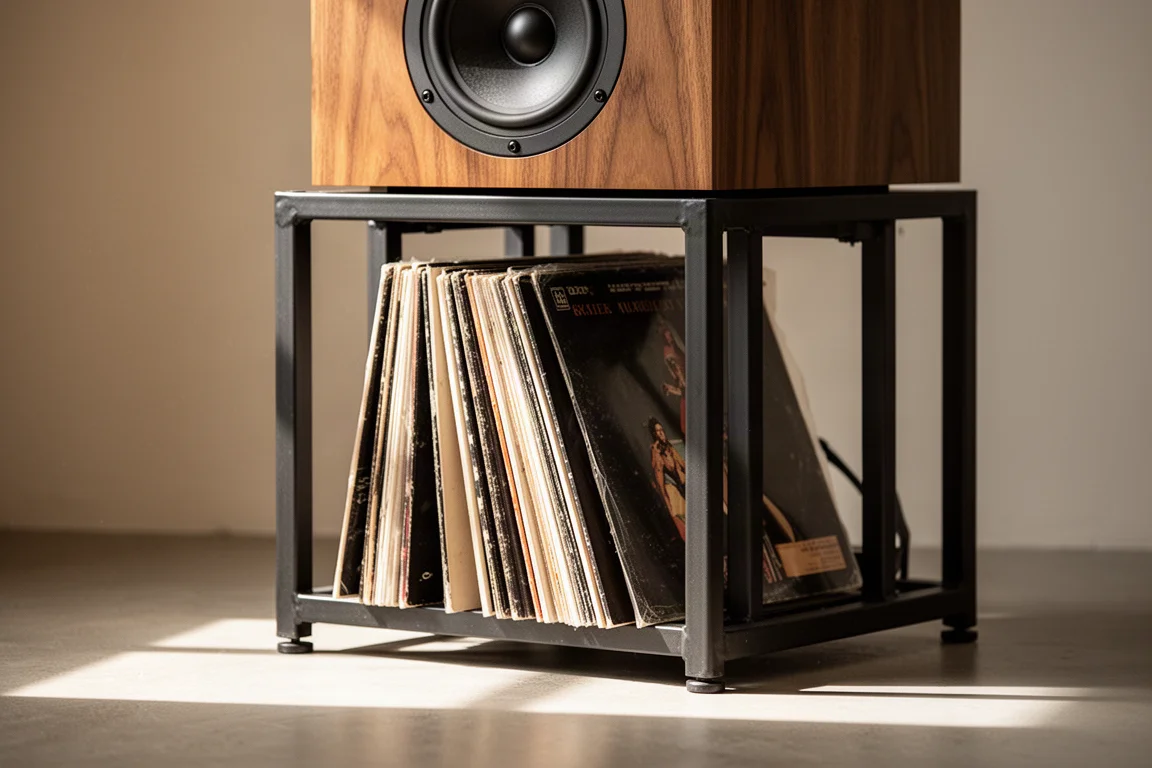 Zonovergoten hoek van woonkamer met walnoten standmounts en platen in een standvoet