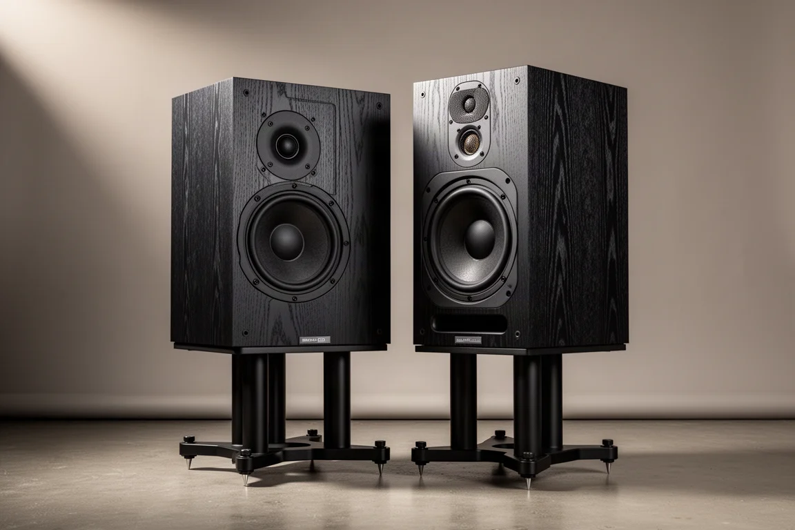 Pair of walnut standmount loudspeakers on matching stands in a warm minimal listening room