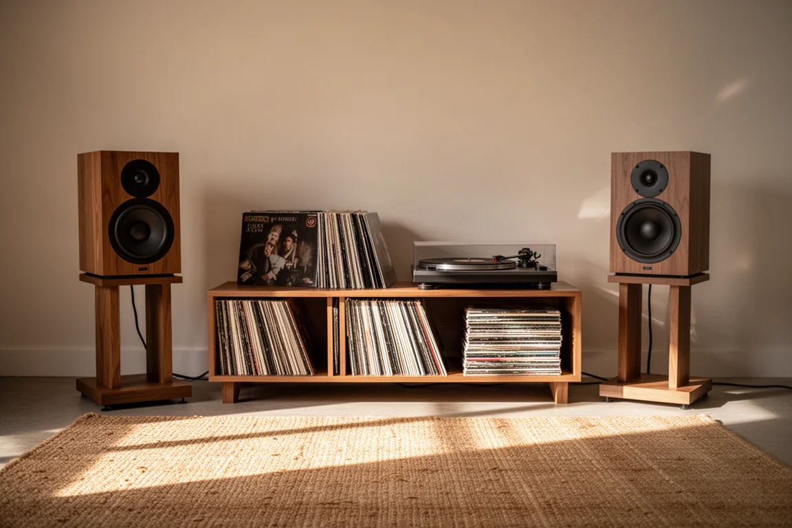 Luisterruimte met twee standmount speakers op houten stands naast platen