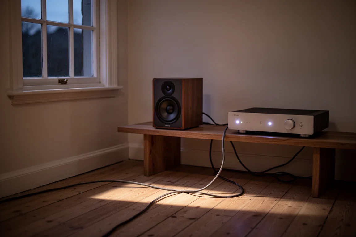 Compacte speaker op een plank naast een gloeiende versterker in avondlicht