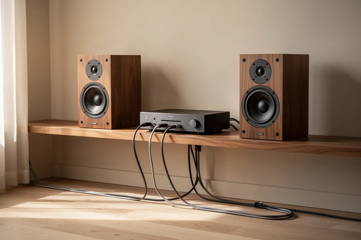 Speakers via kabels verbonden met een geïntegreerde versterker op een houten plank bij daglicht