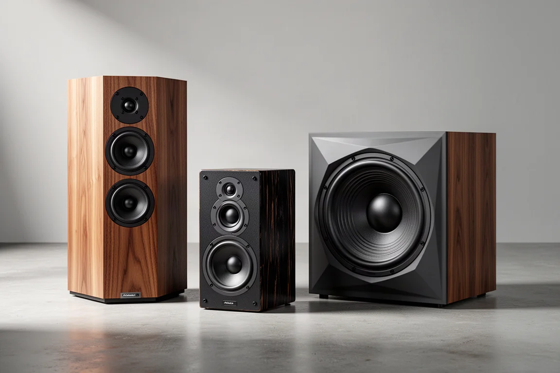 Three standmount loudspeakers arranged on a concrete surface in soft studio light