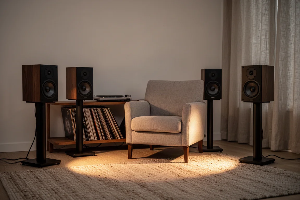 Amplificador integrado, toca-discos e caixas para suporte em um setup de hi-fi noturno