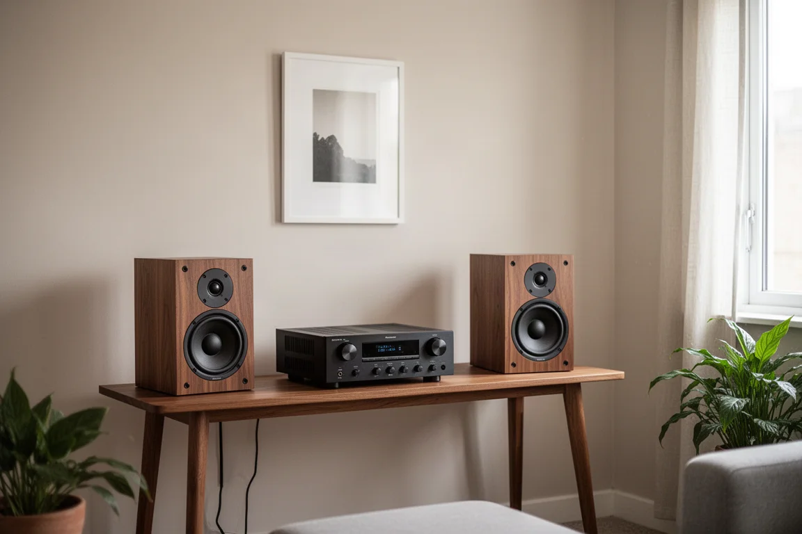Setup de audição na sala de estar ao entardecer, com caixas em suportes e rack de hi-fi baixo