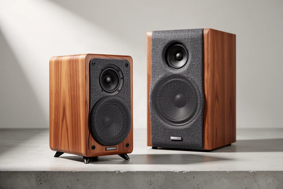 Pair of walnut wood veneer stand-mount speakers on aluminium stands against a neutral backdrop
