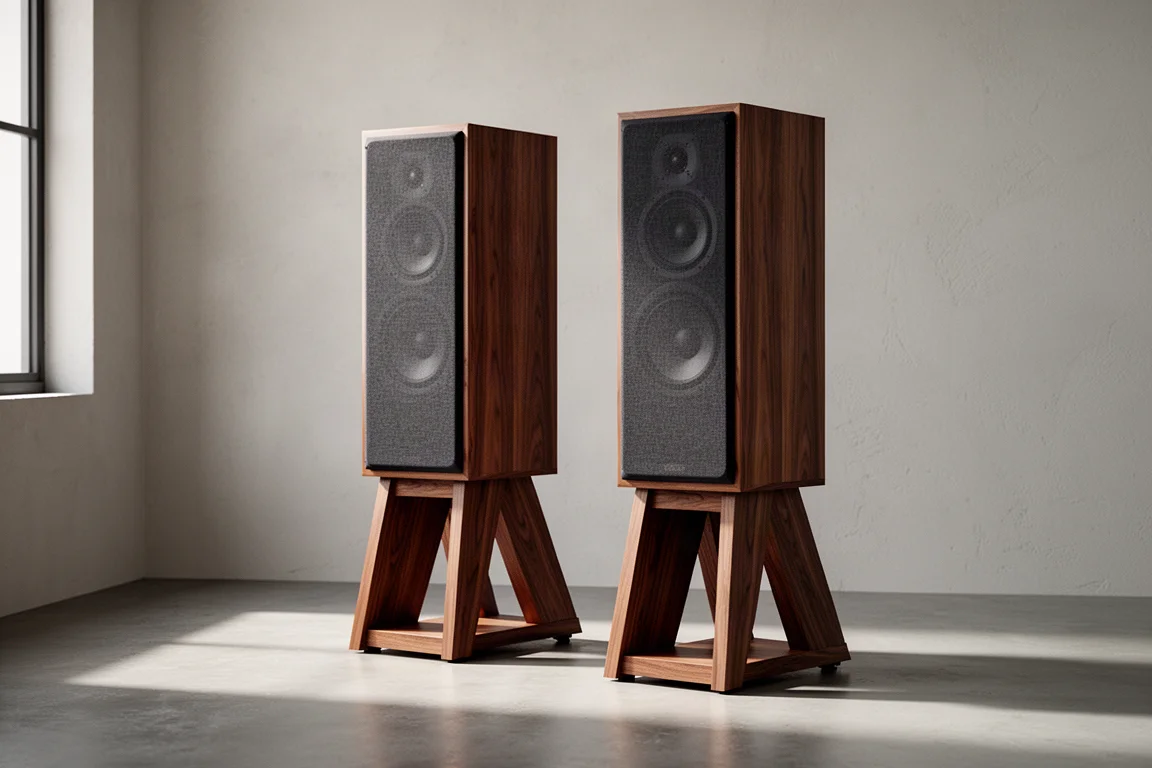 Pair of stand-mounted hi-fi speakers with wood cabinets on matching stands against a neutral backdrop