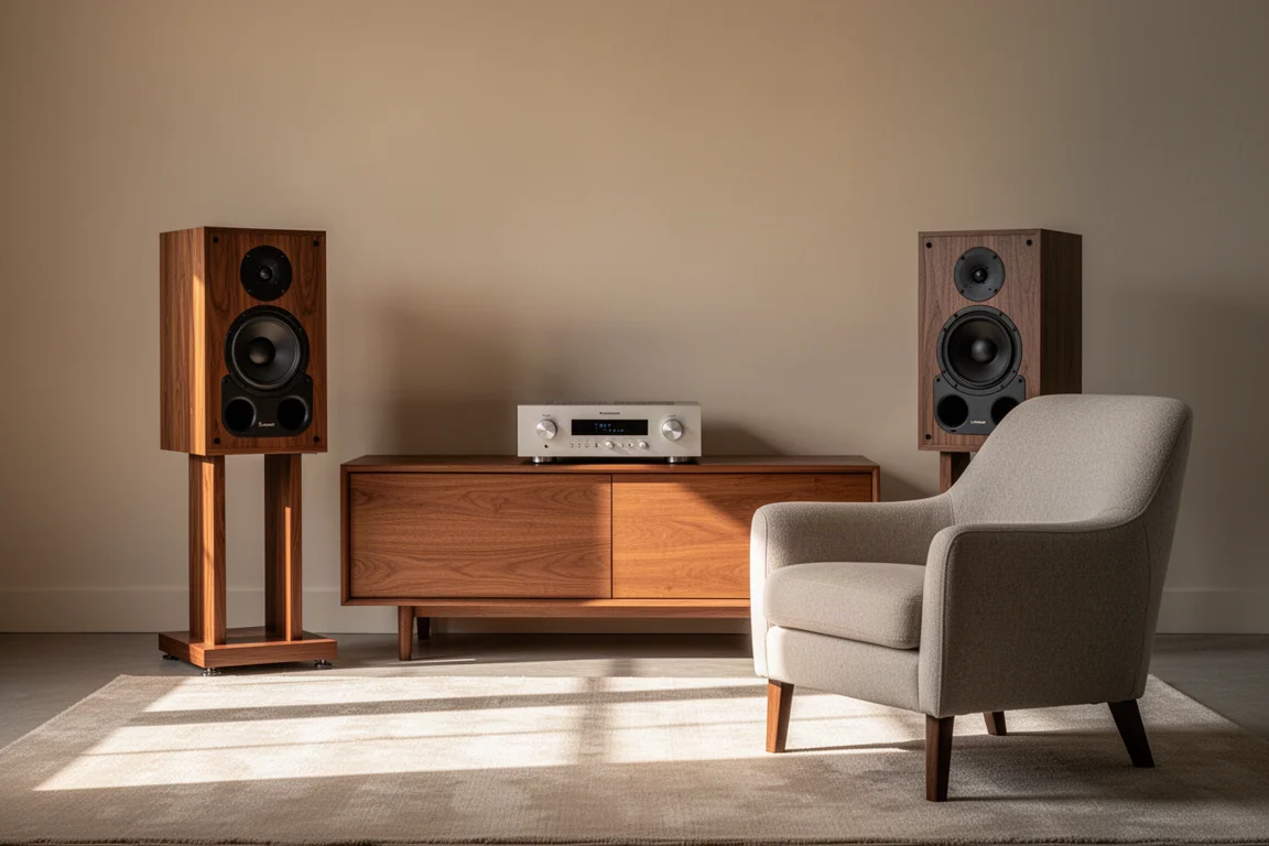 Twee standmountspeakers in erfgoedstijl op stands in een warme woonkamer-luisteropstelling