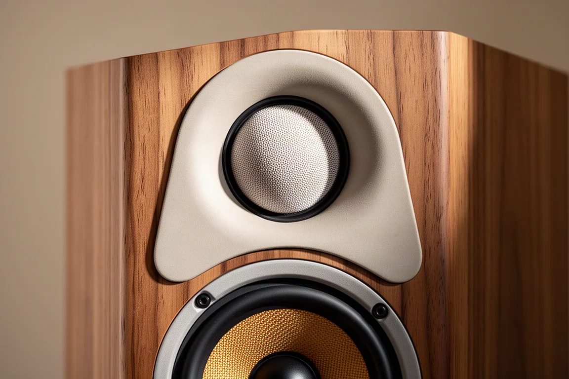 Macro-opname van een soft-dome tweeter en midrange-driver in een fineerbehuizing