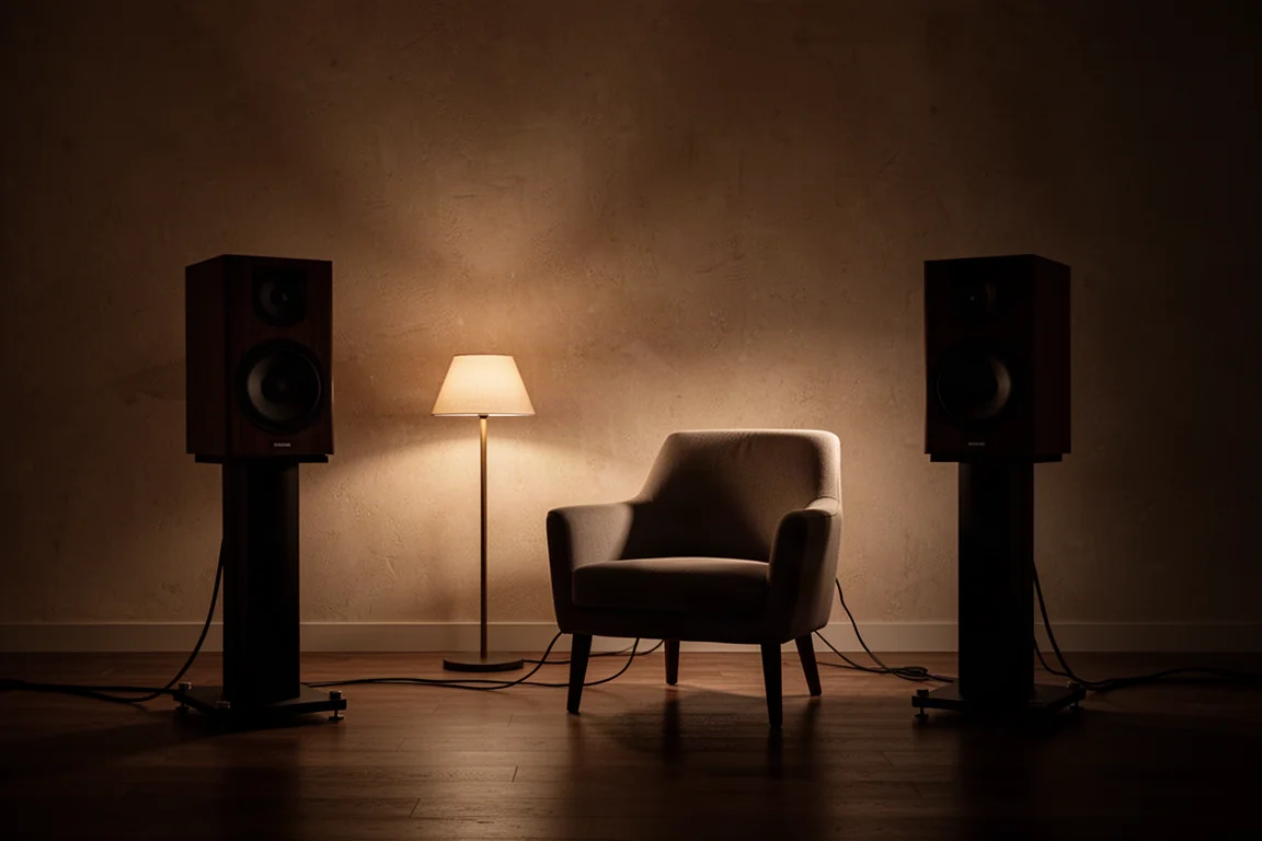 Schemersdonkere luisterkamer 's nachts met twee speakers verlicht door één vloerlamp