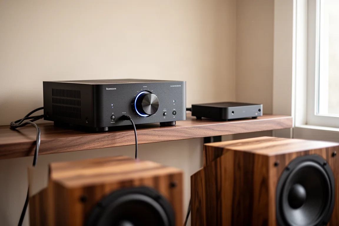 Geïntegreerde versterker en compacte netwerkstreamer op een houten plank naast speakers