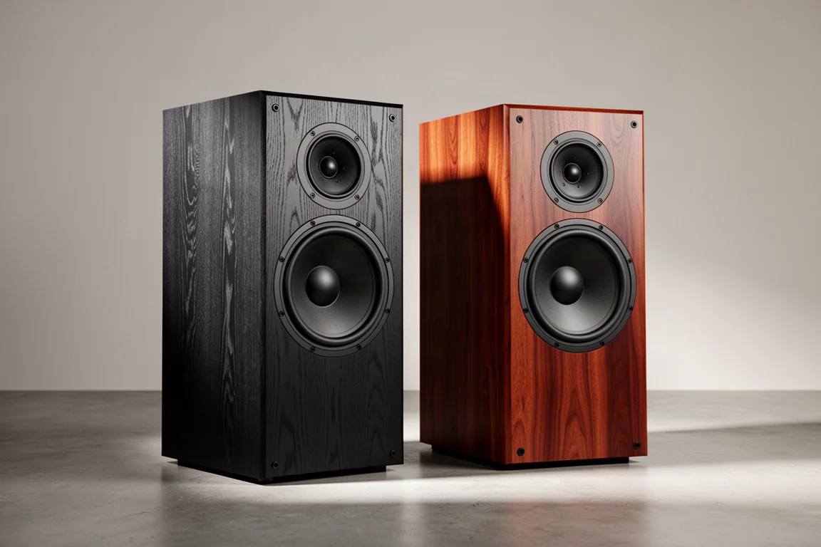 Two heritage-style Wharfedale standmount speakers in black oak and mahogany on a concrete floor