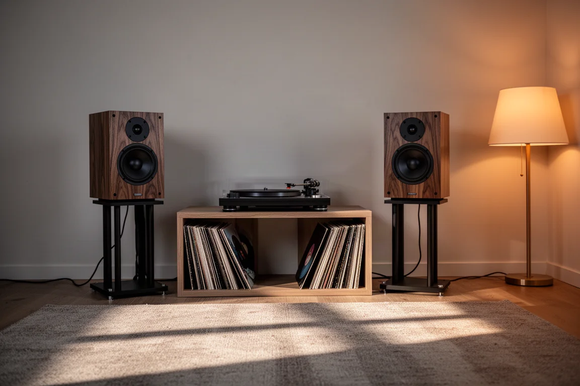 Sala de escucha al atardecer con altavoces de estantería de chapa de madera sobre soportes flanqueando un tocadiscos