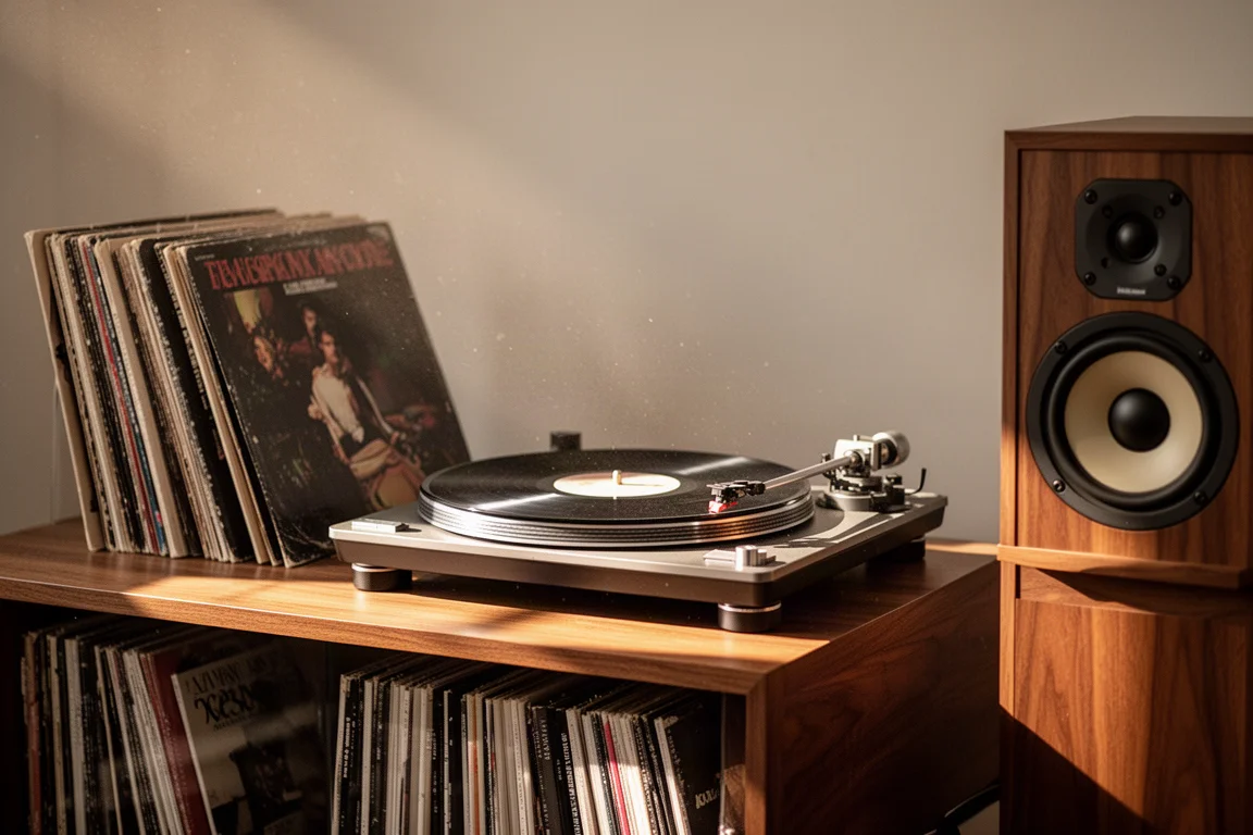 Tocadiscos de estilo vintage y discos de vinilo junto a un altavoz de acabado en madera