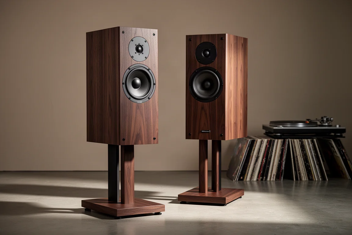 Pair of wood-veneer heritage bookshelf speakers on stands in a warm listening room