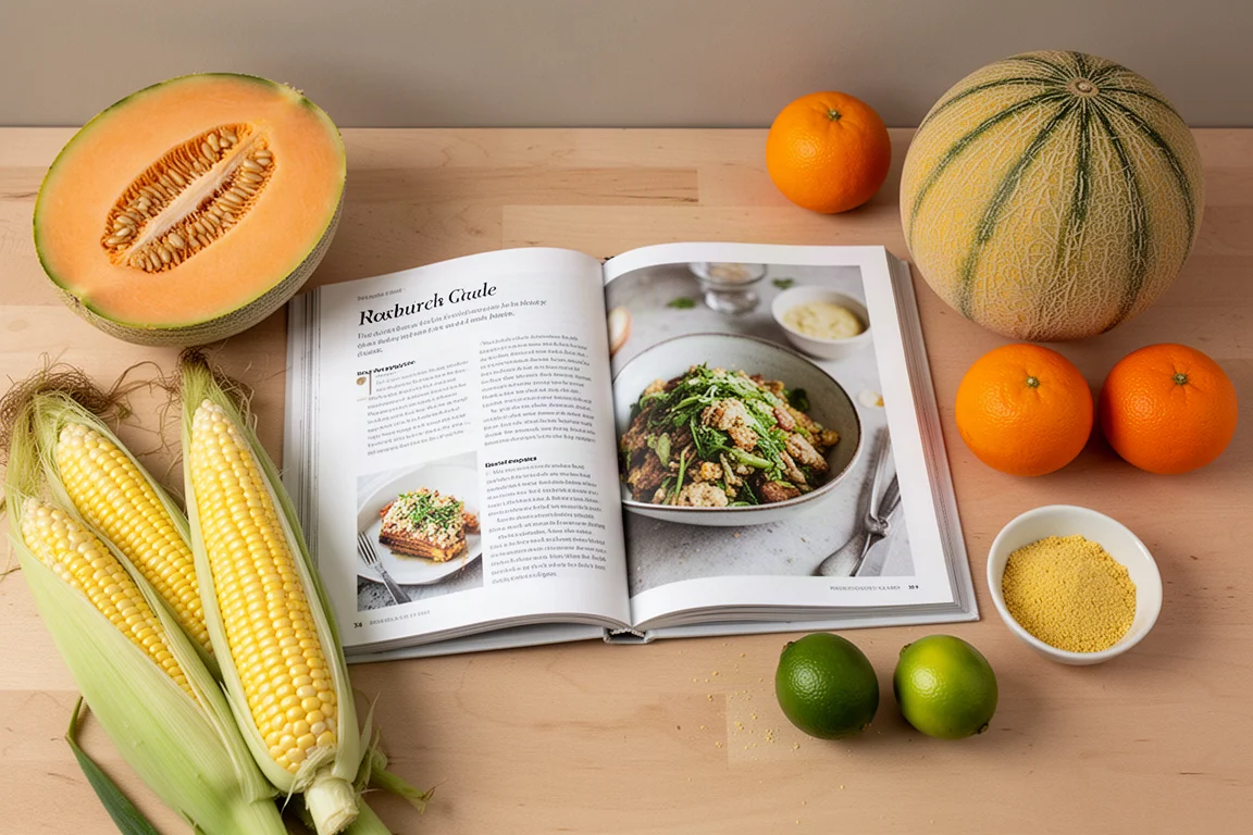 Cookbook aperto su un piano da cucina accanto a mais fresco, lime e un melone cantalupo