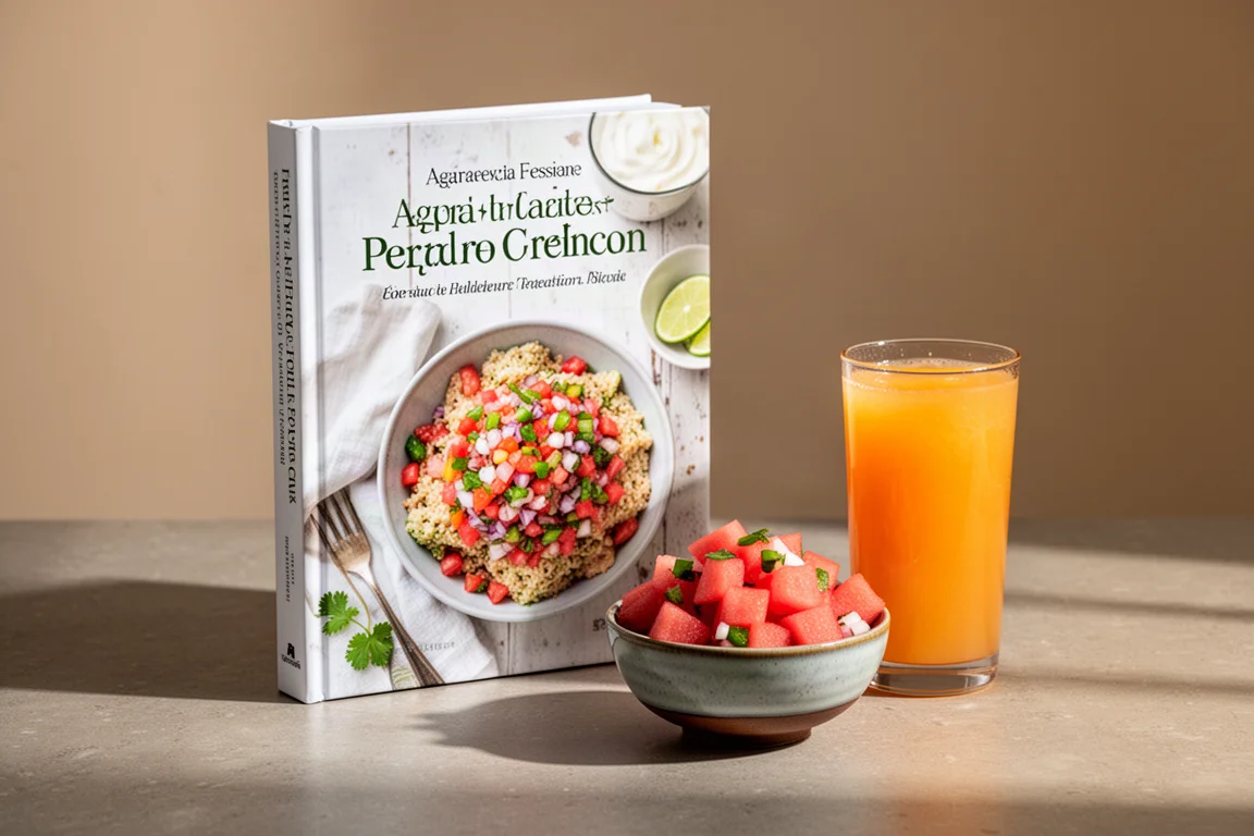 Cookbook beside a bowl of watermelon pico de gallo and a glass of agua fresca