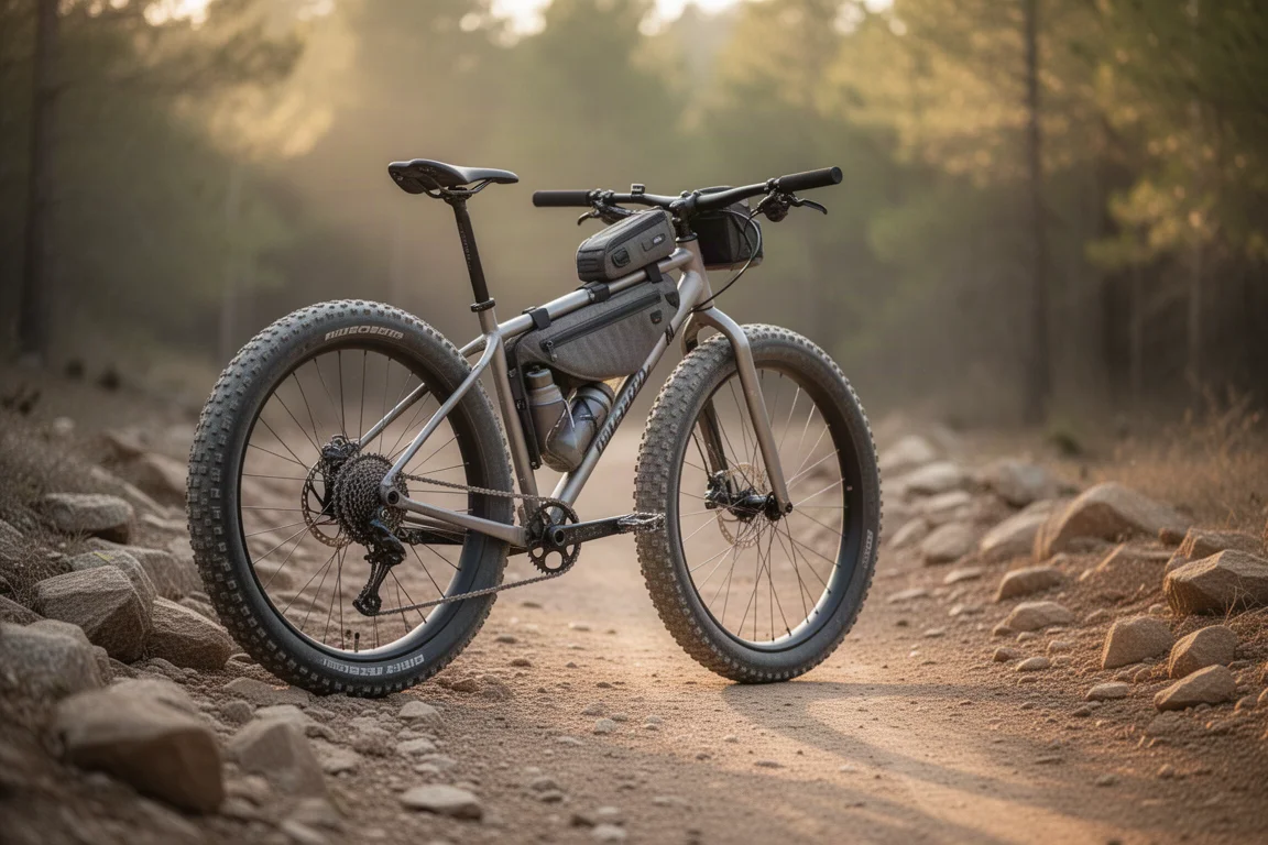 Gravelbike mit breiten Stollenreifen neben einem steinigen Trail im Licht des späten Nachmittags