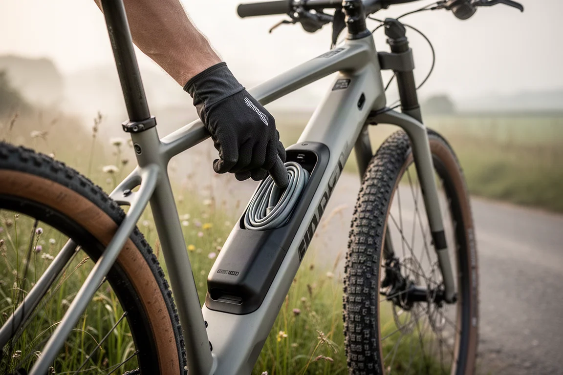 Behandschuhte Hand greift in ein Staufach im Unterrohr eines Gravelbikes