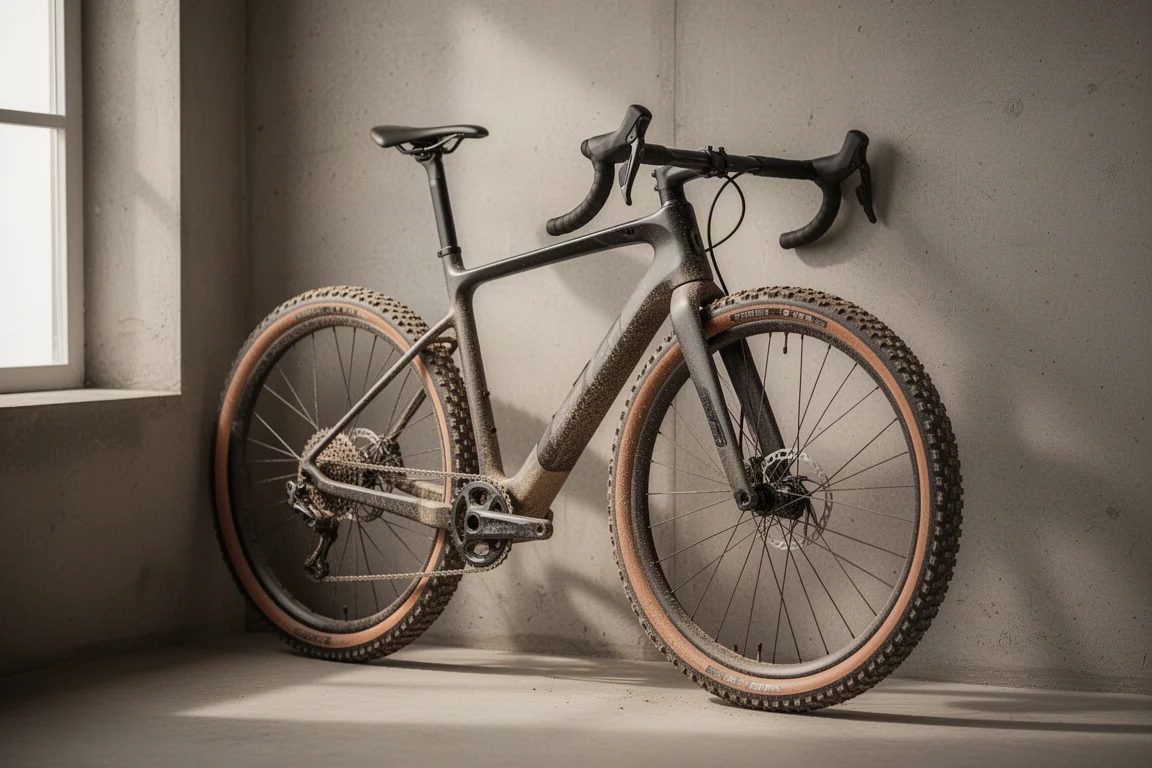 Moderne gravelfiets met brede noppenbanden en racestuur tegen een betonnen muur