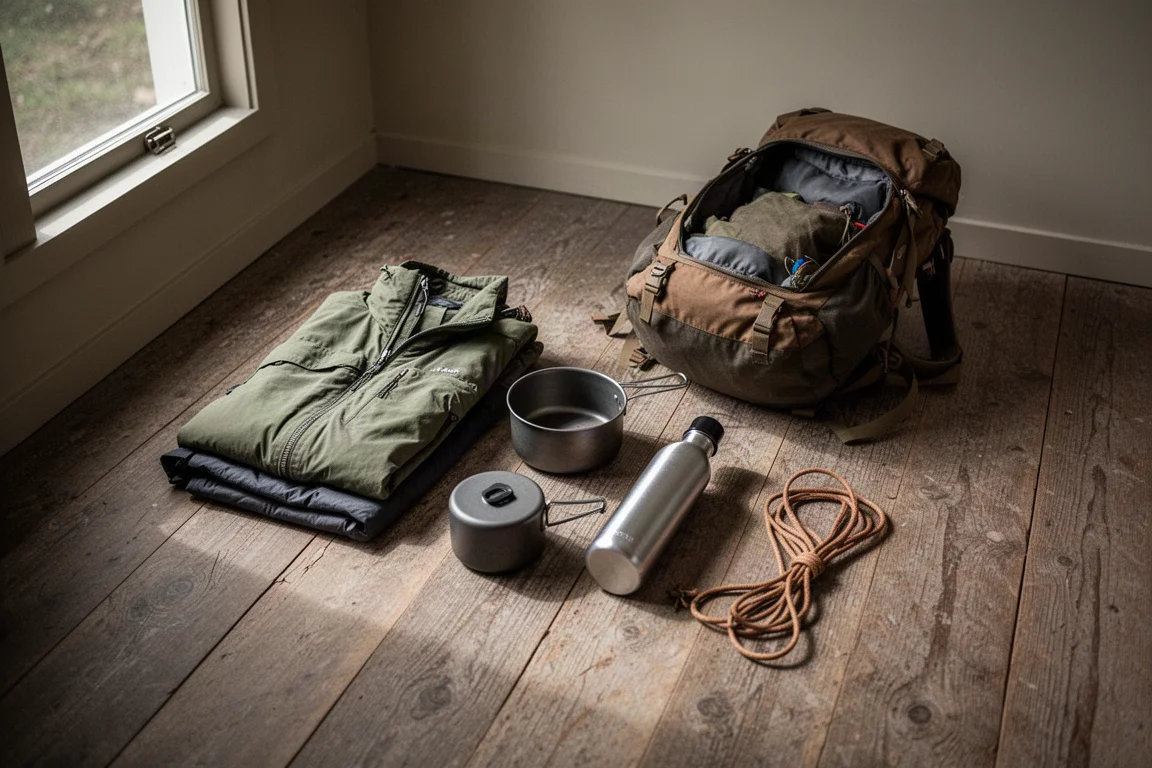 Backpacking gear spread across a wooden floor being sorted into two piles