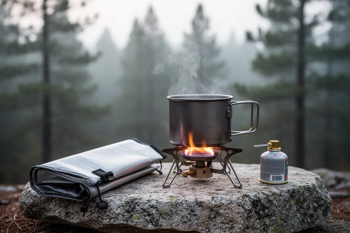 Small camp stove burning beside a titanium pot on a granite slab at dawn