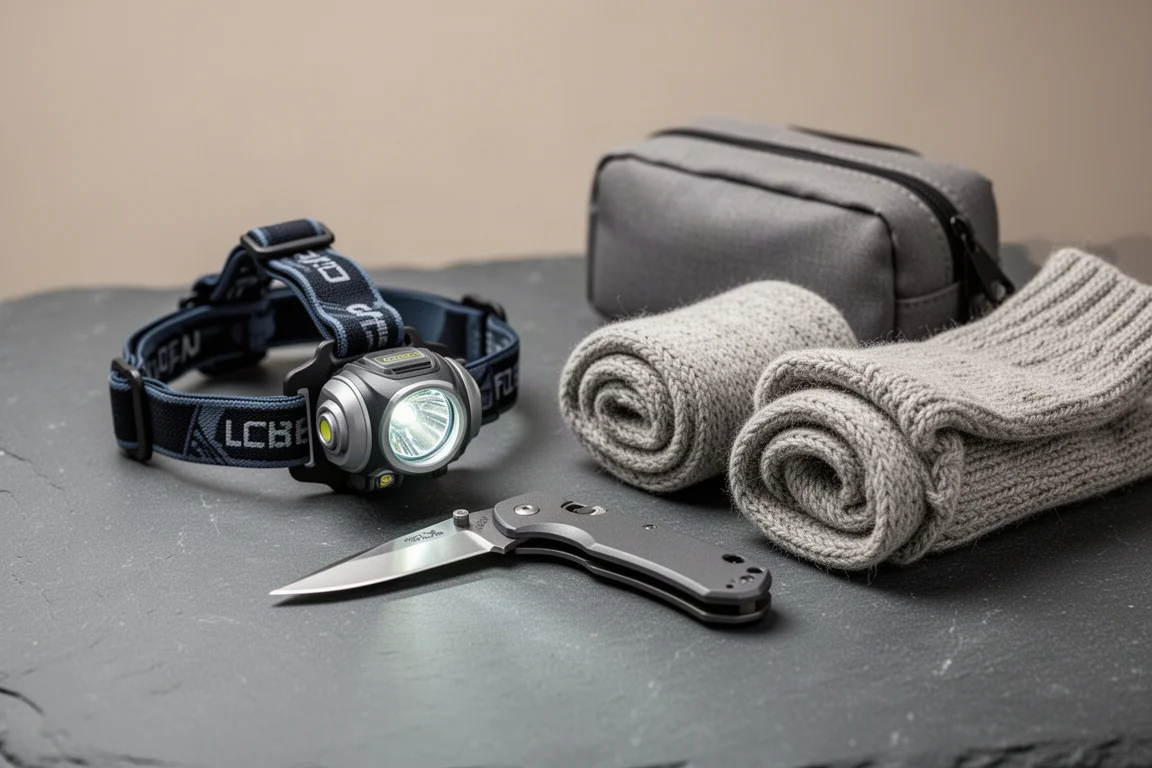 Headlamp, folding knife, and rolled wool socks arranged on a slate surface