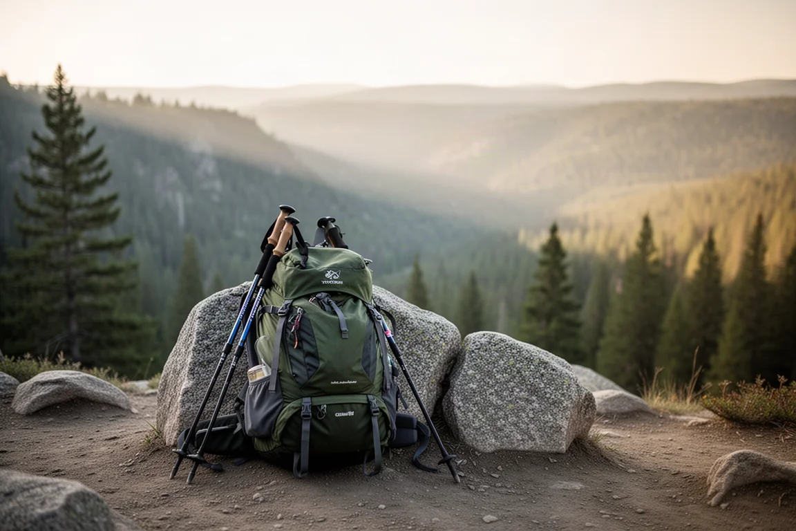 Loaded backpack resting against a boulder at a trailside overlook