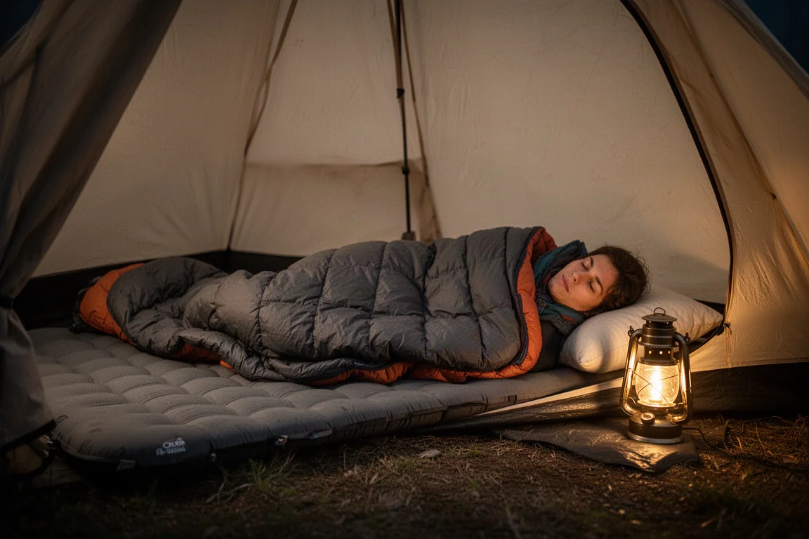 Backpacker ligt 's nachts op een slaapmat in een tent