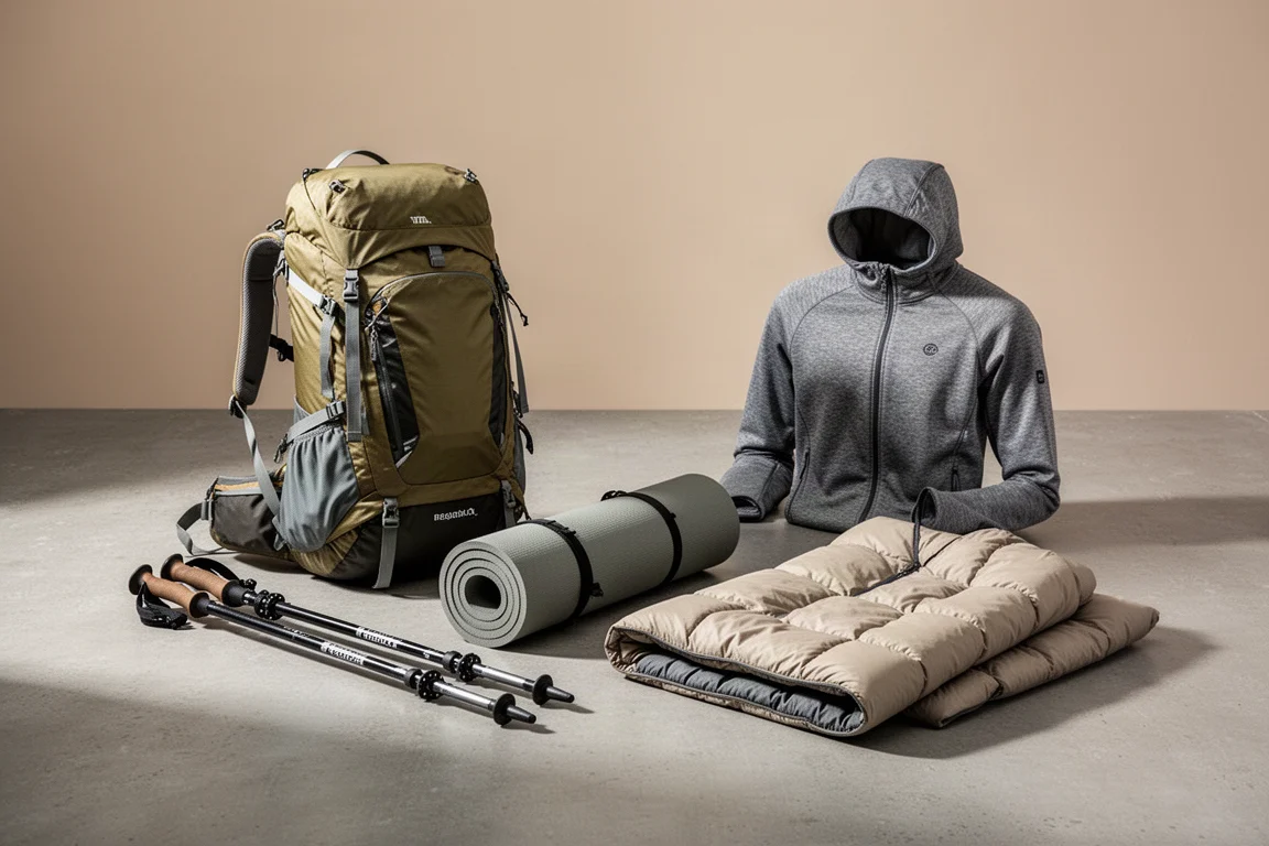 Backpacking gear including a backpack, tent, sleeping pad, quilt, and hoodie on concrete