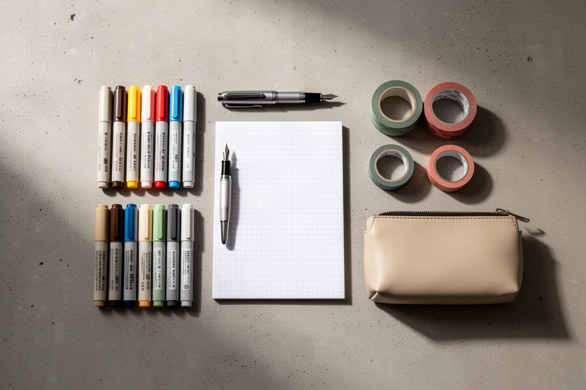 Flat-lay of markers, a fountain pen, notebooks, washi tape and a pouch on concrete