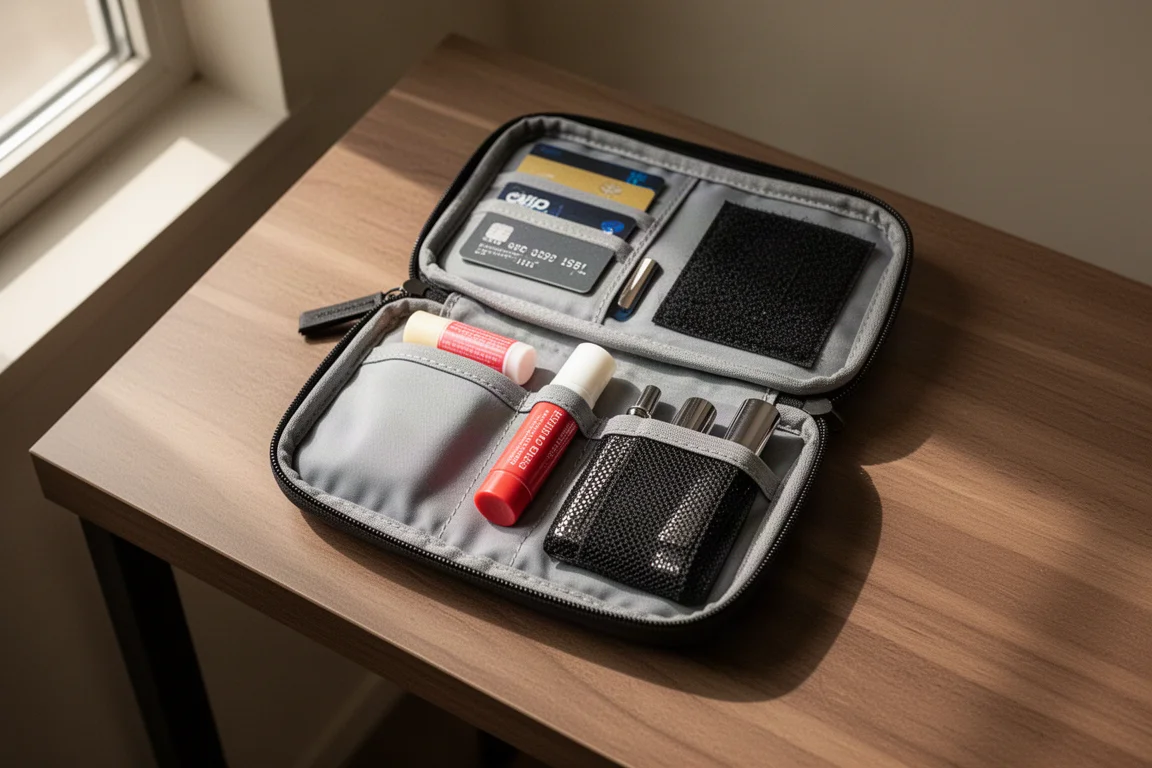 Bolso organizador de EDC abierto sobre un escritorio de madera con herramientas pequeñas y tarjetas
