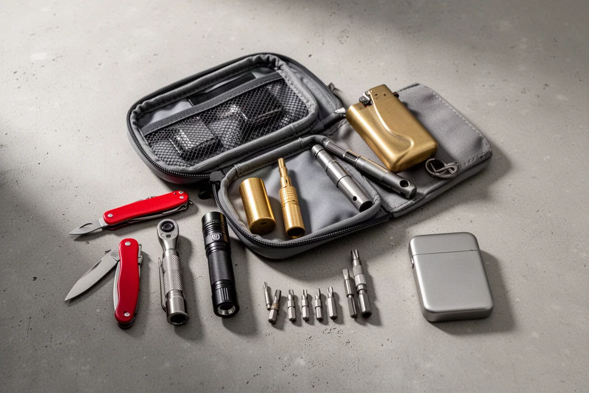 Open EDC pouch surrounded by neatly arranged small tools on a concrete surface