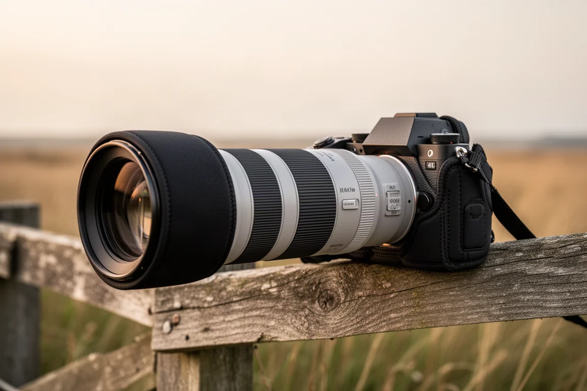 Câmera mirrorless com teleobjetiva longa apoiada em uma cerca de madeira
