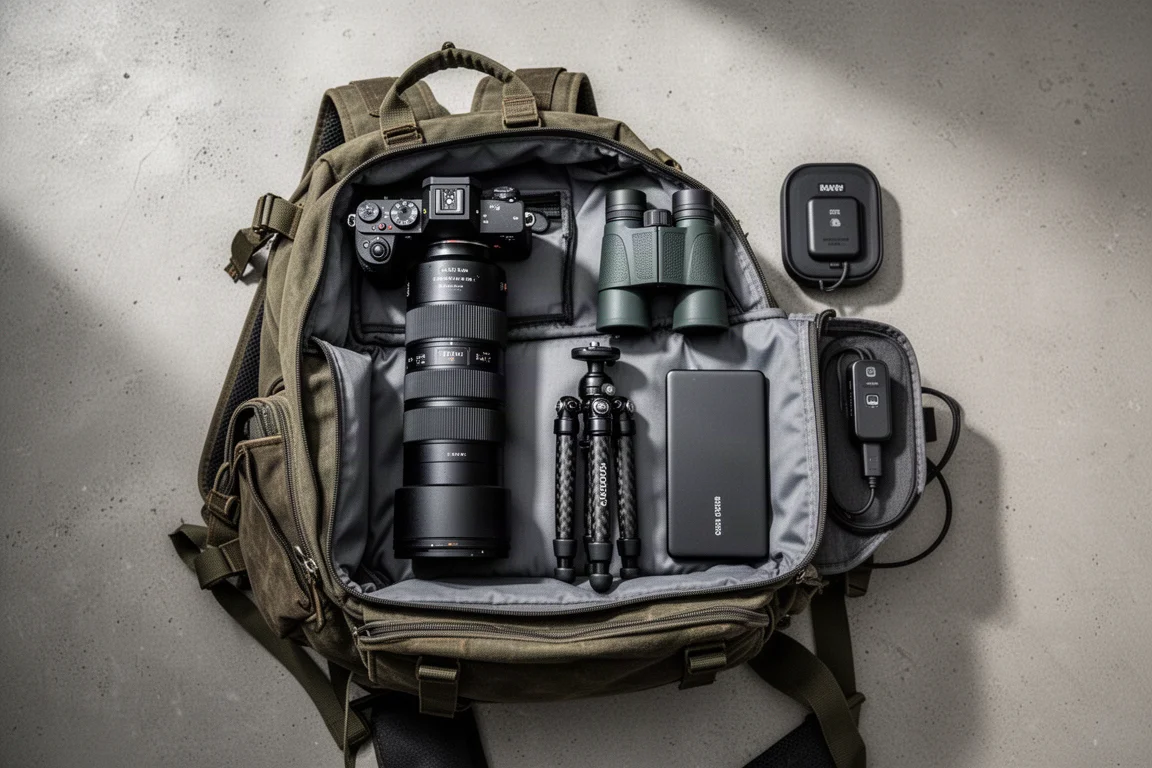 Open camera backpack laid flat with birding photography gear arranged neatly