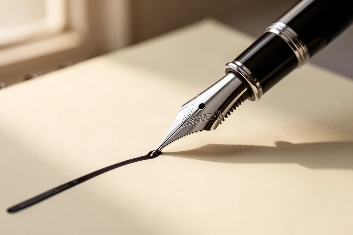 Fountain pen nib gliding across cream notebook paper with a smooth ink line