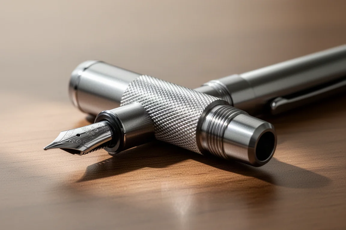 Compact metal fountain pen with knurled grip on a wooden desk