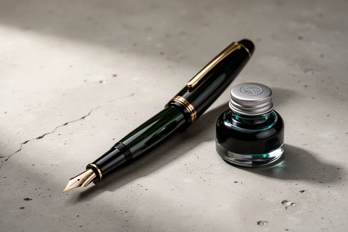 Large glossy urushi fountain pen with broad nib and a bottle of teal ink