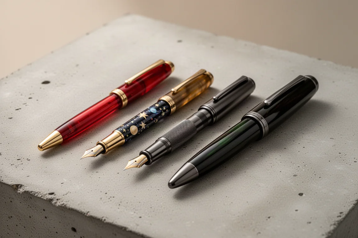 Four fountain pens of different sizes and finishes arranged on a concrete surface