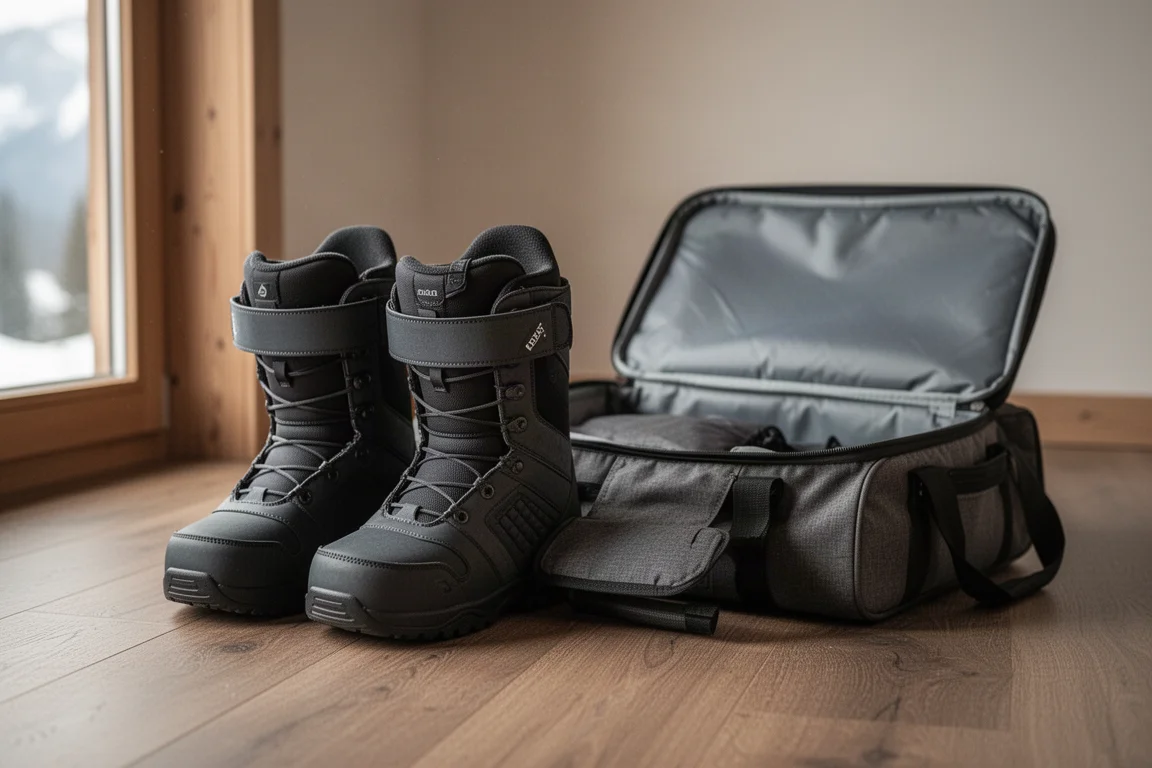 Snowboard boots with traditional laces beside an open travel bag in a cabin
