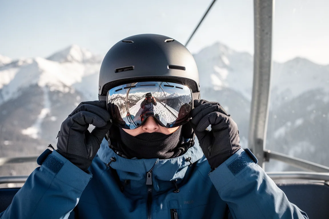 Snowboarder adjusting goggles inside a helmet on a sunny lift ride