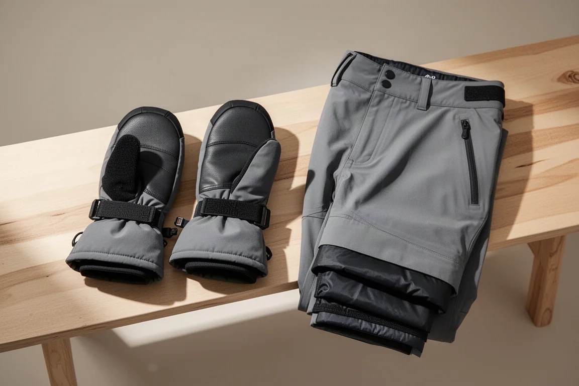 Insulated mitts and removable liner pants laid flat on a wooden bench