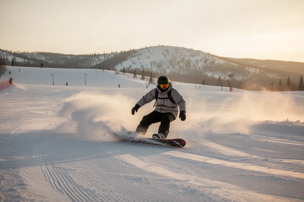 Snowboarder carving a groomer at golden hour with a powder field behind
