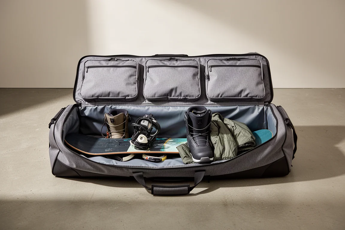 Open snowboard travel bag packed with boots, jacket, and gear on a concrete floor