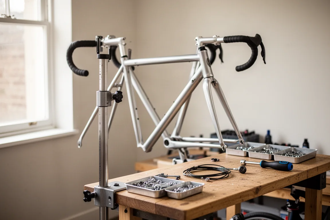 Cuadro de bici de carretera en un soporte de reparación en un taller doméstico ordenado con piezas de transmisión en un banco