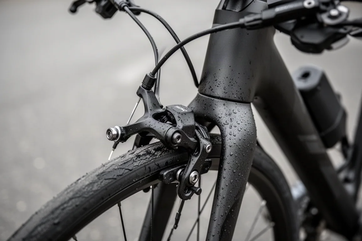 Horquilla y rueda de bicicleta en un banco de trabajo con una pinza de freno de disco hidráulico y un latiguillo enrollado