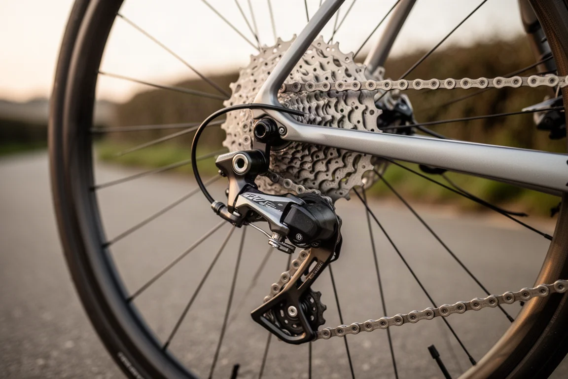 Vélo de route sur un pied de réparation avec ruban de guidon et câble de charge sur un établi