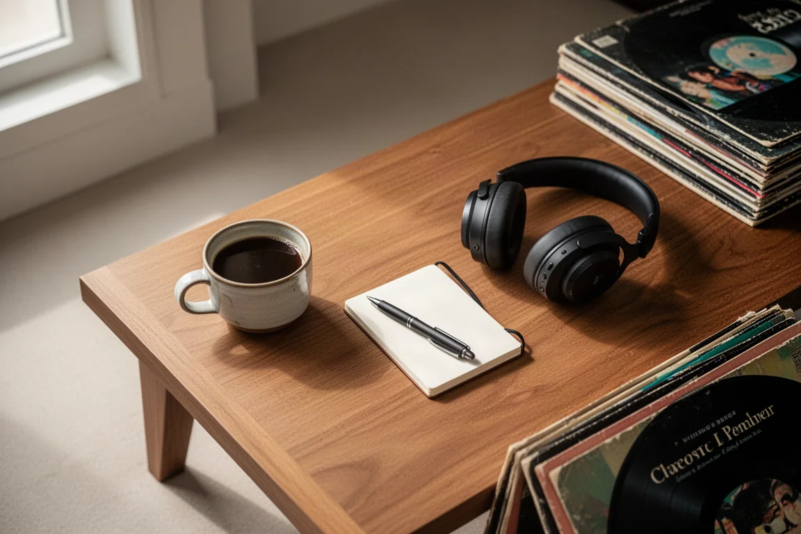 Vue de dessus d'un café, d'un carnet, d'un casque et de vinyles sur une table en chêne