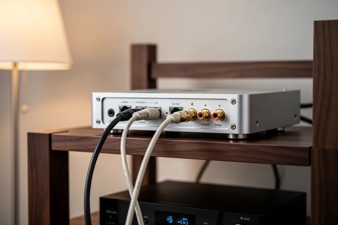 Panneau arrière d'un streamer compact avec câbles sur une étagère hi-fi en noyer
